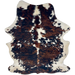 Colombian Tricolor Cowhide: has a mix of reddish brown and black with white spots, off-white on the belly and hind shanks, and longer hair down the spine and on the belly - 7'2" x 5'2" (COTR1636)