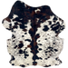 Colombian Speckled Tricolor Cowhide: has long hair that is white with black speckles, and large and small, black and dark brown spots - 7'3" x 5'6" (COTR1641)