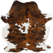 Large Colombian Tricolor Cowhide: white with large and small spots that have a black and brown brindle pattern, and longer hair down the spine and on the belly  - 7'7" x 5'11"  (COTR1666)