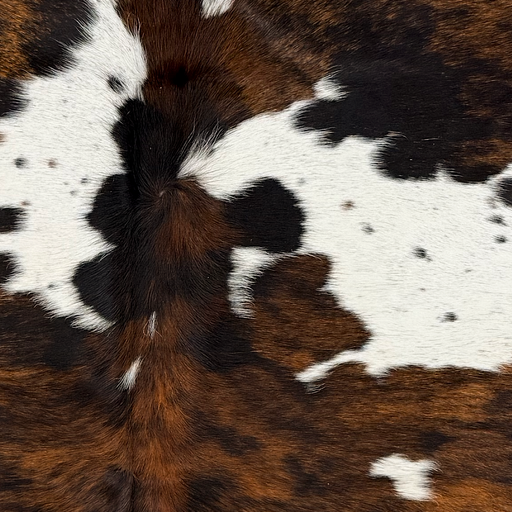 closeup of this Colombian Tricolor Cowhide, showing white with black speckles and large and small spots that have a mix of brown and black  (COTR1668)