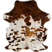 Colombian Speckled Tricolor Cowhide: white with reddish brown, golden brown, and black speckles and spots, and longer hair on the shoulder and belly - 7'5" x 5'6" (COTR1670)
