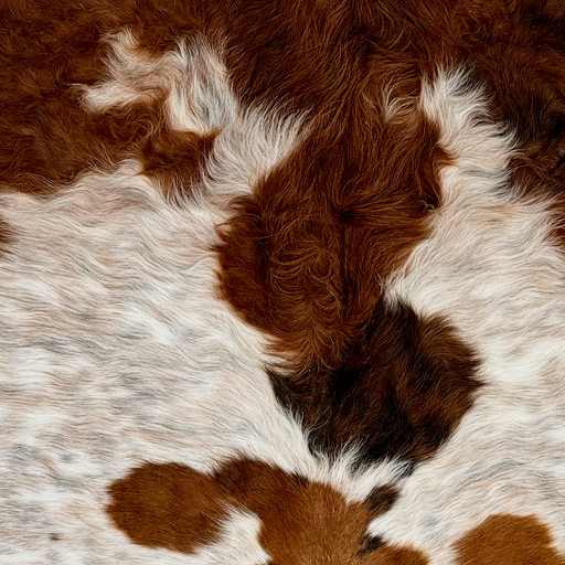 Closeup of this Colombian Speckled Tricolor Cowhide, showing white with reddish brown, golden brown, and black speckles and spots, and longer hair on the shoulder (COTR1670)