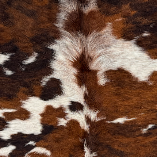 Closeup of this Large Colombian Speckled Tricolor Cowhide, showing white with black speckles, large and small spots with a reddish brown and black, brindle, and longer hair down the middle of the shoulder COTR1674)