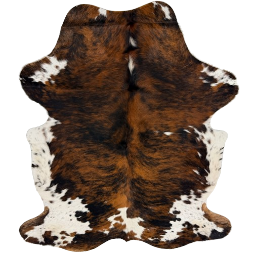Colombian Tricolor Cowhide: has a brown and black, brindle pattern and white spots that have black speckles - 7'2" x 5'  (COTR1675)
