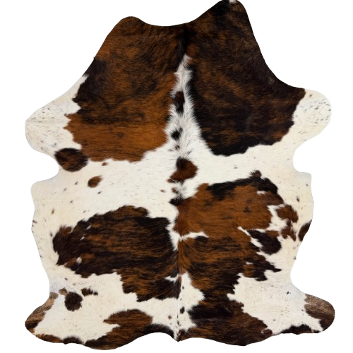 Colombian Tricolor Cowhide: white and off-white with black speckles, and spots that have a brown and black, brindle pattern - 6'8" x 4'11" (COTR1680)