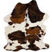 Colombian Tricolor Cowhide: white and off-white with black speckles, and spots that have a brown and black, brindle pattern - 6'8" x 4'11" (COTR1680)