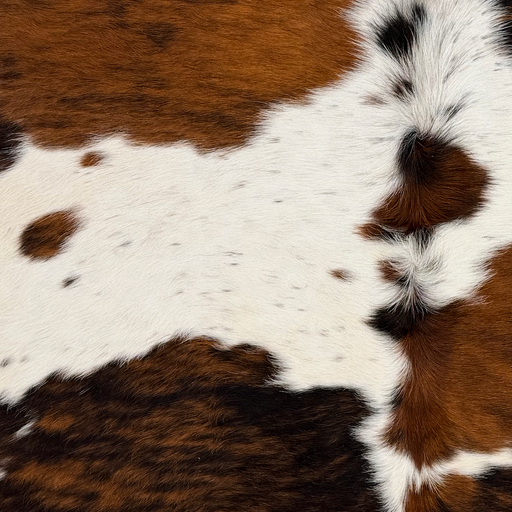 Closeup of this Colombian Tricolor Cowhide, showing white and off-white with black speckles, and spots that have a brown and black, brindle pattern  (COTR1680)