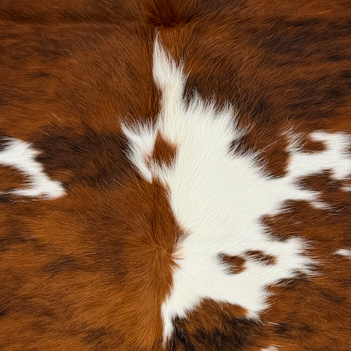 Closeup of this Colombian Tricolor Cowhide, showing white and spots that have a reddish brown and black, brindle pattern (COTR1681)