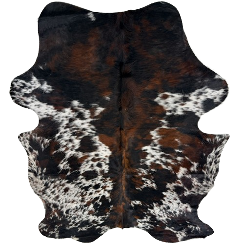Colombian Speckled Tricolor Cowhide:   white with black and reddish brown speckles and spots - 7'3" x 5'6" (COTR1684)