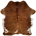 Colombian Tricolor Cowhide:  mostly brown, with a few small, black strips, white on the belly, and a large white spot and a couple small white spots down the spine - 6'10" x 5'4" (COTR856)