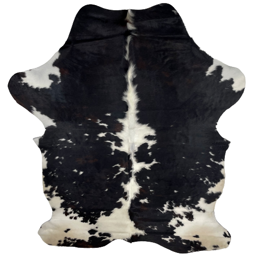 Large Colombian Dark Tricolor Cowhide:  mostly black, with some dark brown mixed in, has white down the spine, small white spots on both sides, and off-white with black spots on the hind shanks and belly - 7'7" x 5'3" (COTR868)