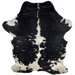 Large Colombian Dark Tricolor Cowhide:  mostly black, with some dark brown mixed in, has white down the spine, small white spots on both sides, and off-white with black spots on the hind shanks and belly - 7'7" x 5'3" (COTR868)