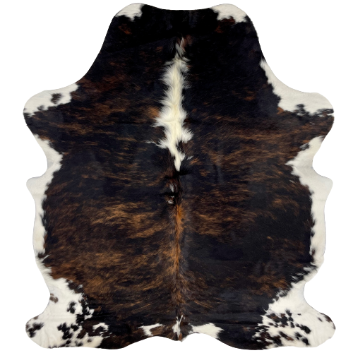 Colombian Tricolor Cowhide:  has a black and brown, brindle pattern, off-white down part of the spine, and white with black and brown spots on the belly and shanks - 6'6" x 5'1" (COTR897)