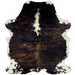 Colombian Tricolor Cowhide:  has a black and brown, brindle pattern, off-white down part of the spine, and white with black and brown spots on the belly and shanks - 6'6" x 5'1" (COTR897)