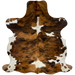 Colombian Tricolor Cowhide:  has a brown and black, brindle pattern, with a few white spots, and it has white with spots on the belly and hind shanks that have a mix of brown and black - 6'8" x 5'1" (COTR916)