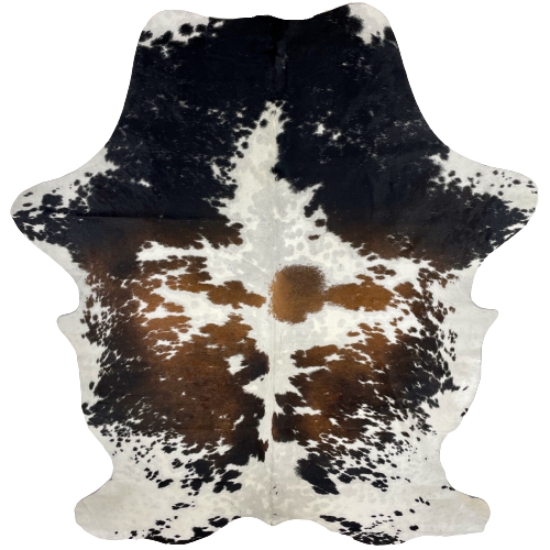 Colombian Tricolor Cowhide:  white with faint, cloudy spots, and large and small spots that are brown, black, or a mix of brown and black - 7'5' x 5'2" (COTR919)