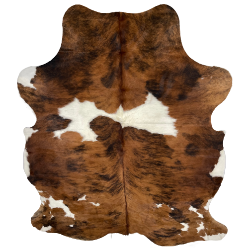 XL Colombian Tricolor Cowhide:  has a brown and black, brindle pattern, with a few large and small, white spots - 8'4" x 6'4" (COTR928)