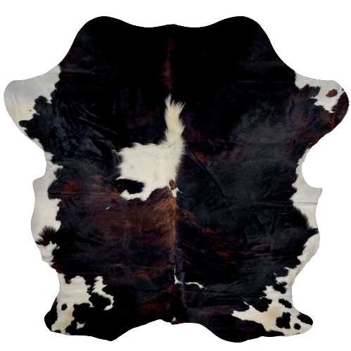 Colombian Dark Tricolor Cowhide:  has a mix of black and dark, red brown, and it has one large and a couple small, white spots down the middle, and white with black spots on the belly and shanks - 7'5" x 5'11" (COTR944)