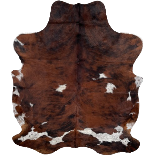 Colombian Tricolor Cowhide:  has a mix of brown and black, with white spots that have black and brown  speckles and spots - 7'2" x 5'4" (COTR996)