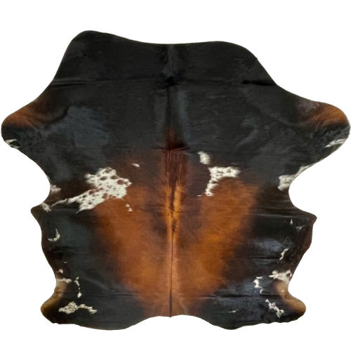Large Colombian Watusi Cowhide: reddish brown and black, with a few white spots that have black and reddish brown speckles and spots - 7'10" x 6'1" (COWA089)