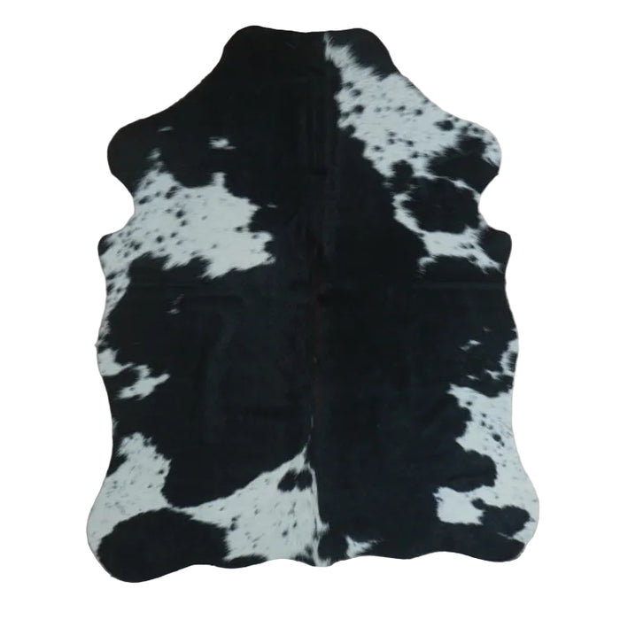 Black and White cowhide rug, 4' x 3', shown on white background (SS-BW-005)