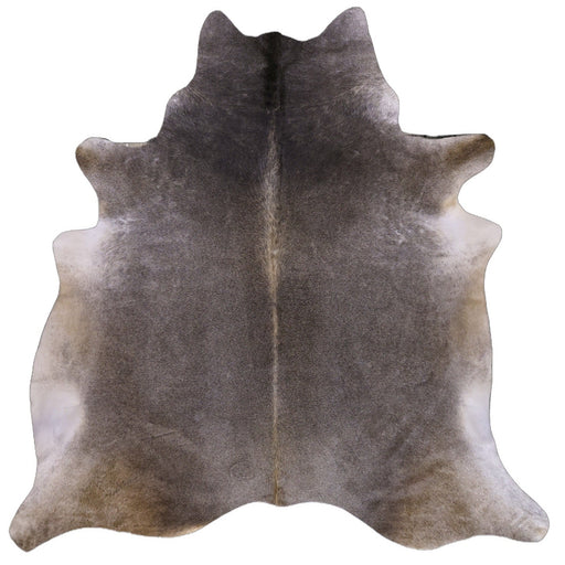 A natural cowhide rug shown flat against a white background, with printed dimensions and area details in the corners.