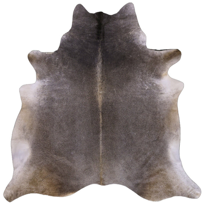 A natural cowhide rug shown flat against a white background, with printed dimensions and area details in the corners.