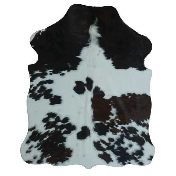 Tricolor cowhide rug, 4' x 3', shown on white background (SS-TRI-014)