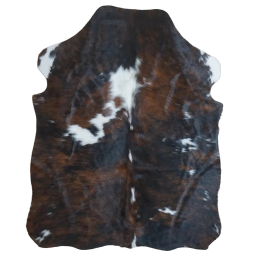 Tricolor cowhide rug, 4' x 3', shown on white background (SS-TRI-031)