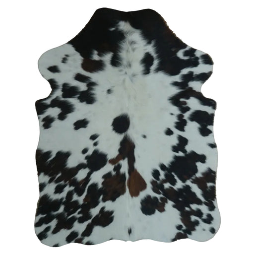 Tricolor cowhide rug, 4' x 3', shown on white background (SS-TRI-023)