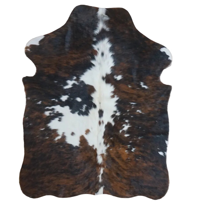 Tricolor cowhide rug, 4' x 3', shown on white background (SS-TRI-036)