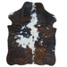 Tricolor cowhide rug, 4' x 3', shown on white background (SS-TRI-036)