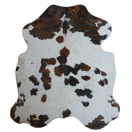 Tricolor cowhide rug, 7'2" x 6'4", shown on white background (CH-046)