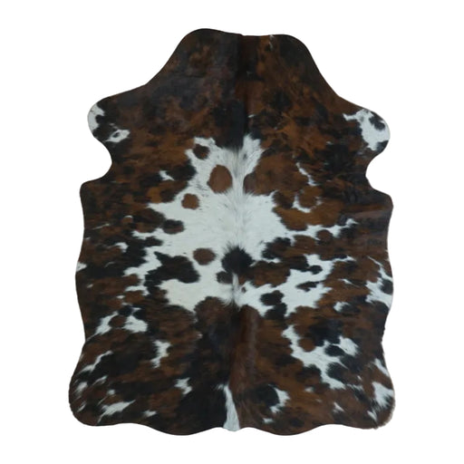 Tricolor cowhide rug, 4' x 3', shown on white background (SS-TRI-0041)