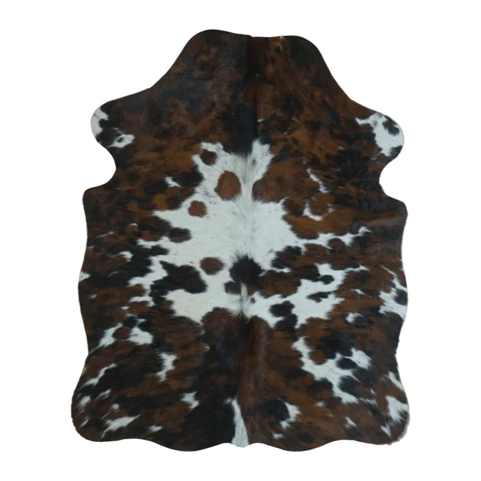 Tricolor cowhide rug, 4' x 3', shown on white background (SS-TRI-0041)