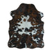 Tricolor cowhide rug, 4' x 3', shown on white background (SS-TRI-0041)