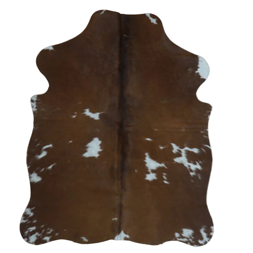 Brown and White cowhide rug, 4' x 3', shown on white background (SS-BRW-011)