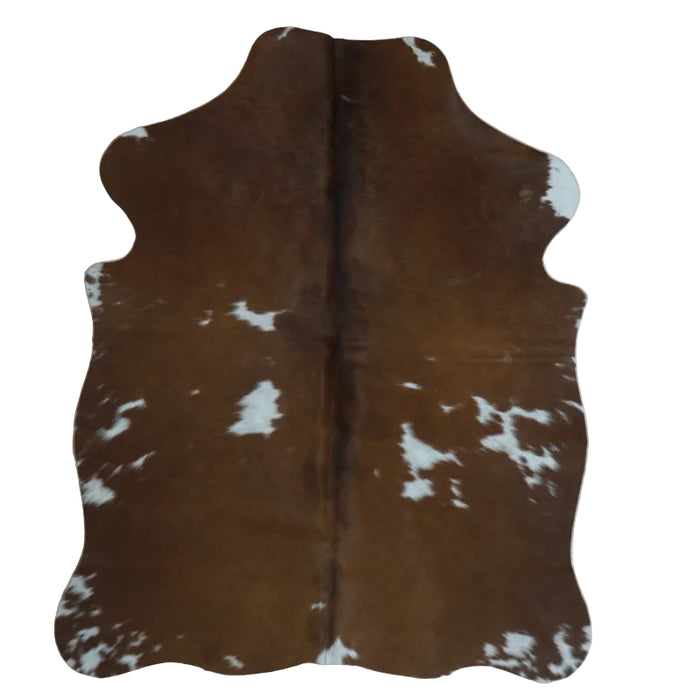 Brown and White cowhide rug, 4' x 3', shown on white background (SS-BRW-011)