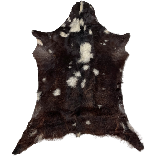 Dark Brown and White Spotted Goatskin, long hair:  has long hair that is dark brown with white spots - 3'2" x 2'4" (GOAT276)