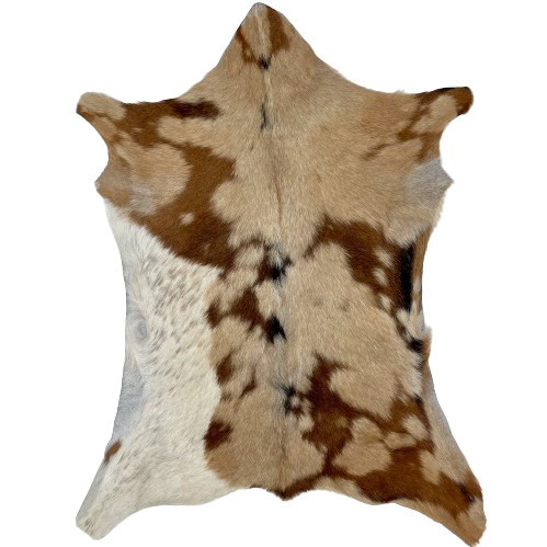 Tan and Brown goatskin:  tan with brown spots, and the left side has a large spot that is off-white with brown speckles  - 3'1" x 2'6" (GOAT346)