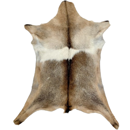 Brown and Off-White Goatskin: has a mix of light brown, dark brown, and light beige, with an off-white strip across the back - 2'10" x 2'2" (GOAT380)