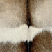 Closeup of this Goatskin, showing a mix of light brown, dark brown, and light beige, with an off-white strip across the back (GOAT380)