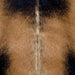 Closeup of this Goatskin, showing medium brown with blackish brown across the shoulder, and a strip on both sides of the back, and off-white down the spine (GOAT383)