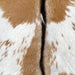 closeup of this Goatskin, showing caramel and white, with dark brown, longer hair down the spine (GOAT440)