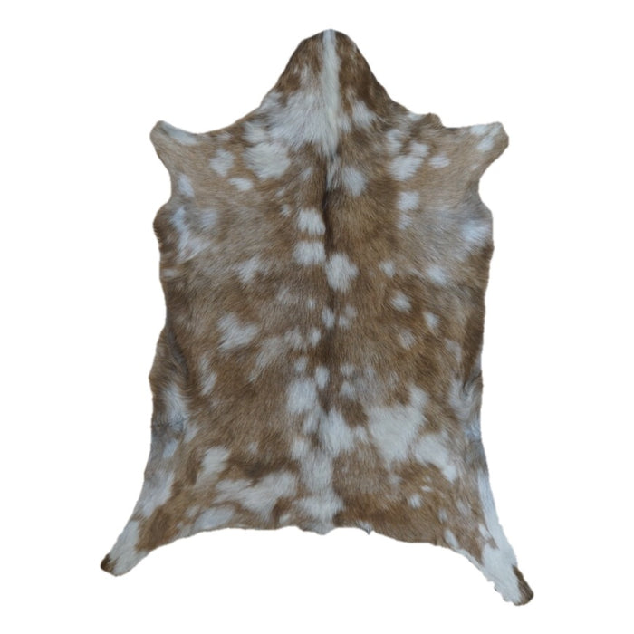 Tan and White Spotted goatskin rug, 3'4" x 2'5", shown on white background (GT-010)