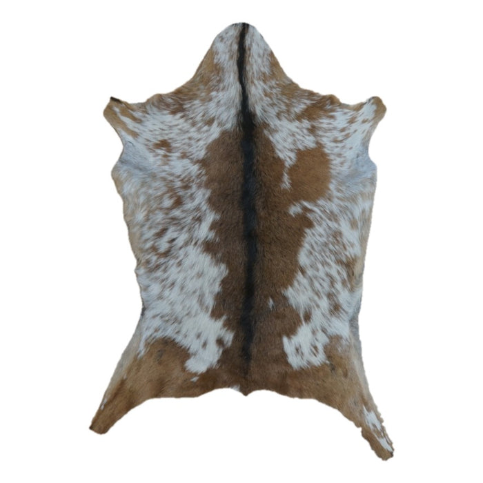 Brown and White goatskin rug, 3'4" x 2'2", shown on white background (GT-013)