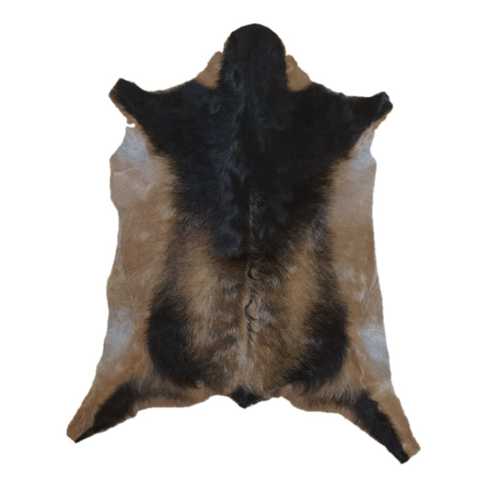 Tan and Black goatskin rug, 3'3" x 2'5", shown on white background (GT-021)
