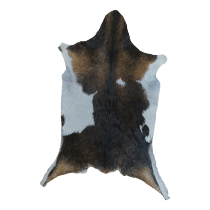 Tricolor goatskin rug, 3'2" x 2'2", shown on white background (GT-025)