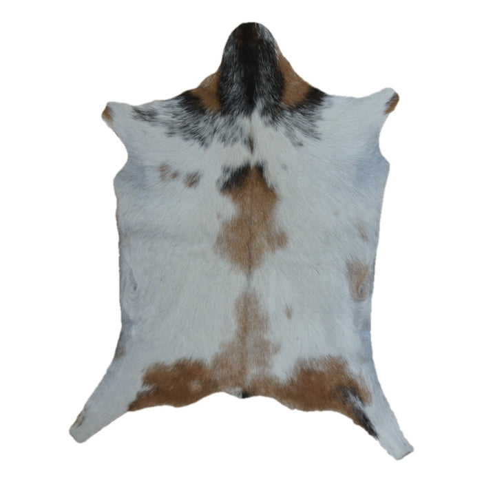 White and Brown goatskin rug, 3'5" x 2'8", shown on white background (GT-031)