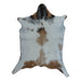 White and Brown goatskin rug, 3'5" x 2'8", shown on white background (GT-031)